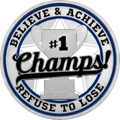 Black "Champs!" with Navy Blue Outer Circular Borders